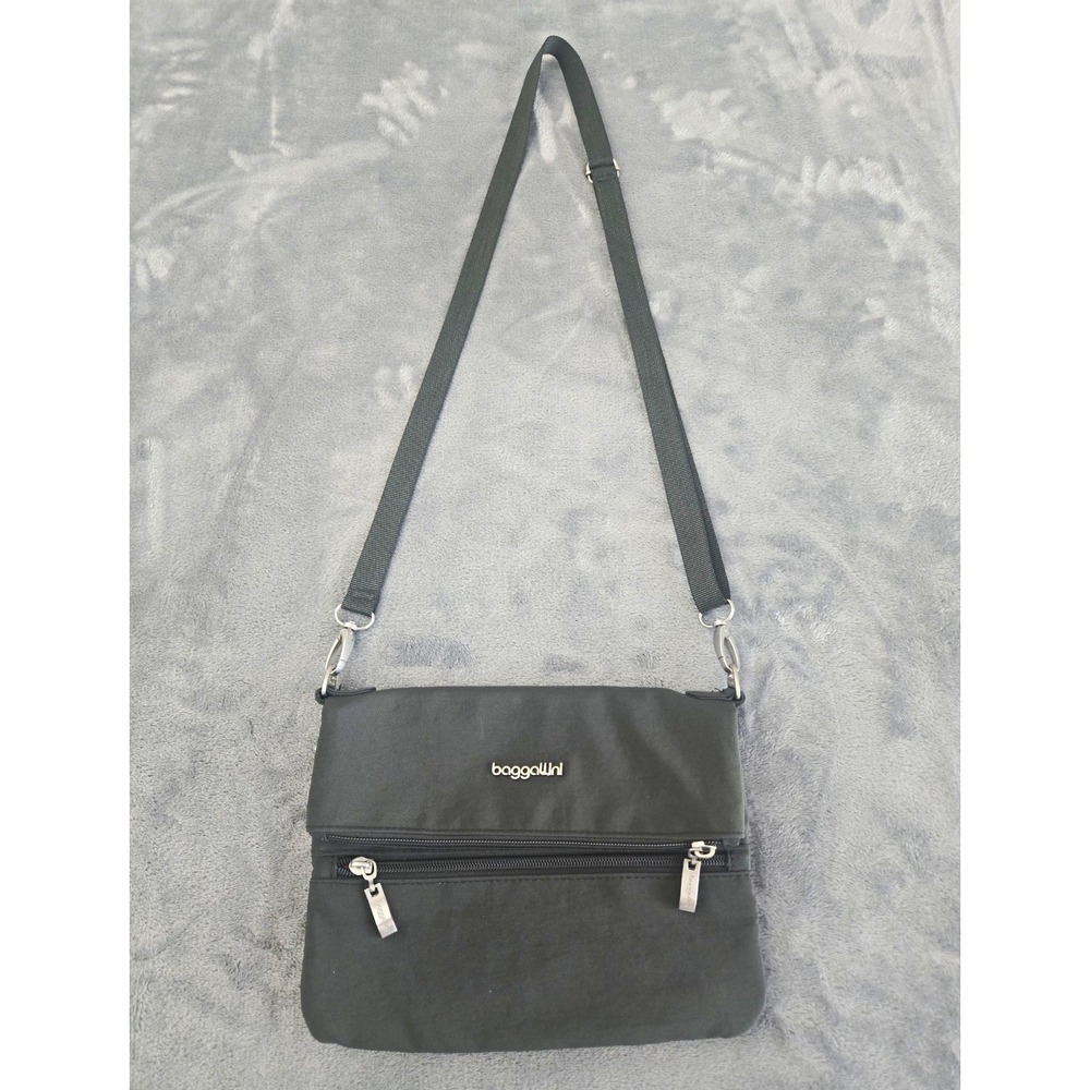 baggallini Women's Gray Crossbody Bag Purple Lining, Zip Pockets, Adjust Strap